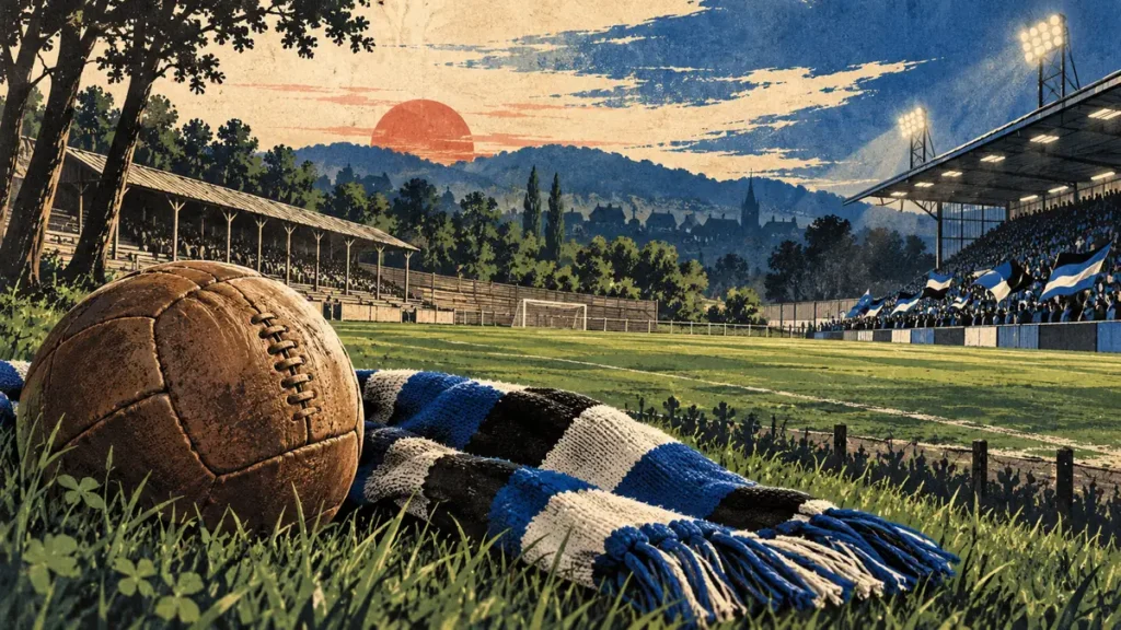 Symbolische Illustration mit altem Lederball, blau-weiß-schwarzem Schal sowie alten und modernen Tribünen.