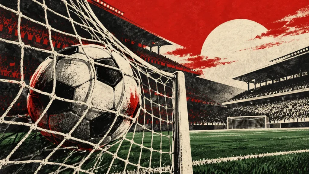 Illustration eines Fußballs im Tornetz mit zwei angedeuteten Stadiontribünen.