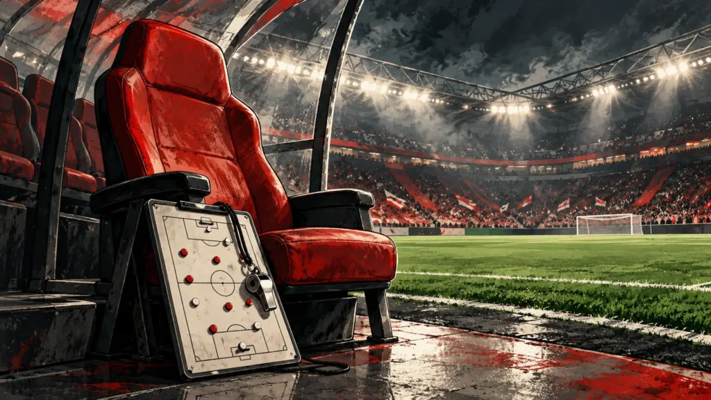 Illustration einer leeren roten Trainerbank mit Taktiktafel am Spielfeldrand eines Fußballstadions