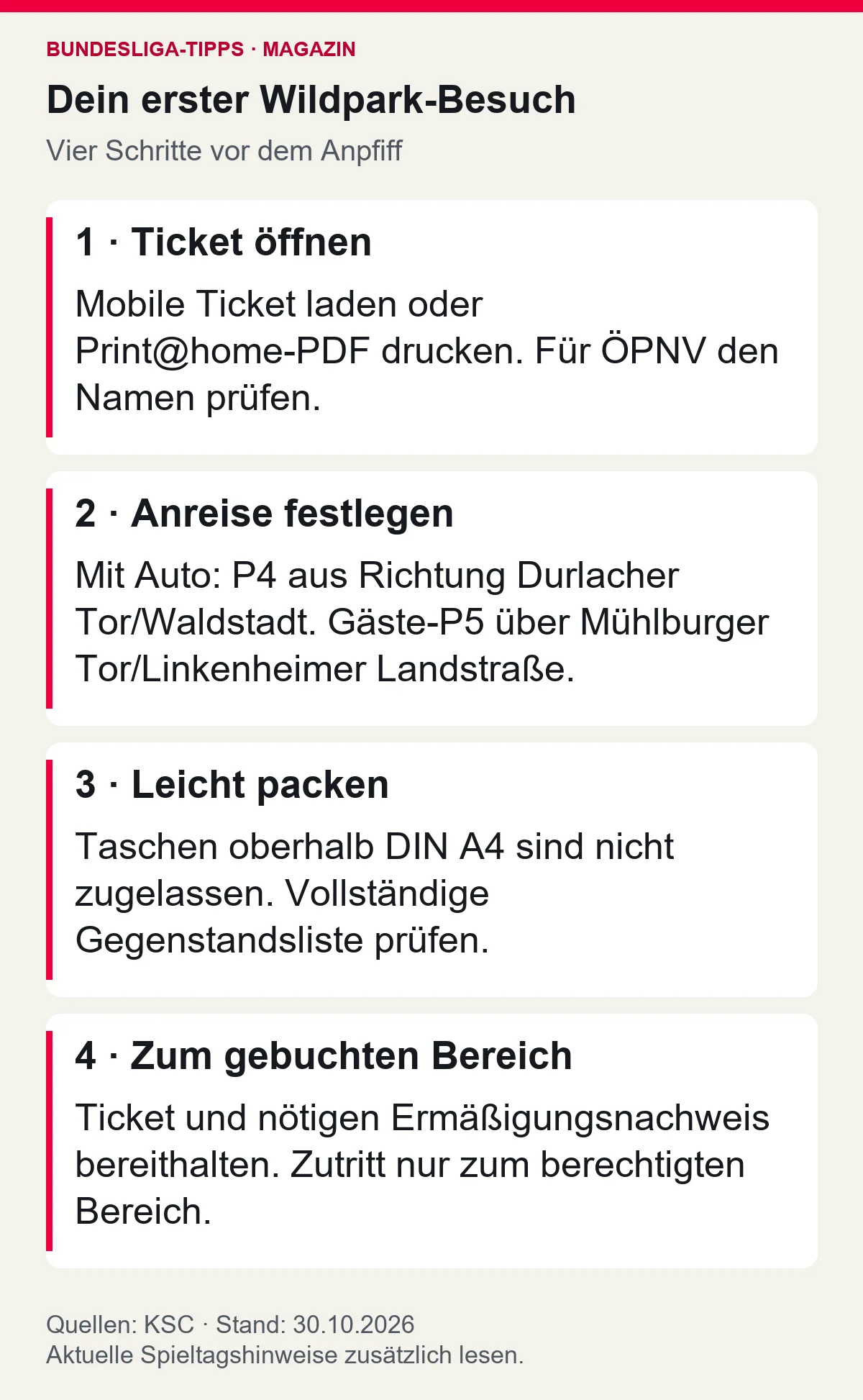 Vier Schritte vor dem Wildpark-Besuch: Ticket vorbereiten, passende Anreise festlegen, Taschenregeln prüfen und zum gebuchten Bereich gehen.