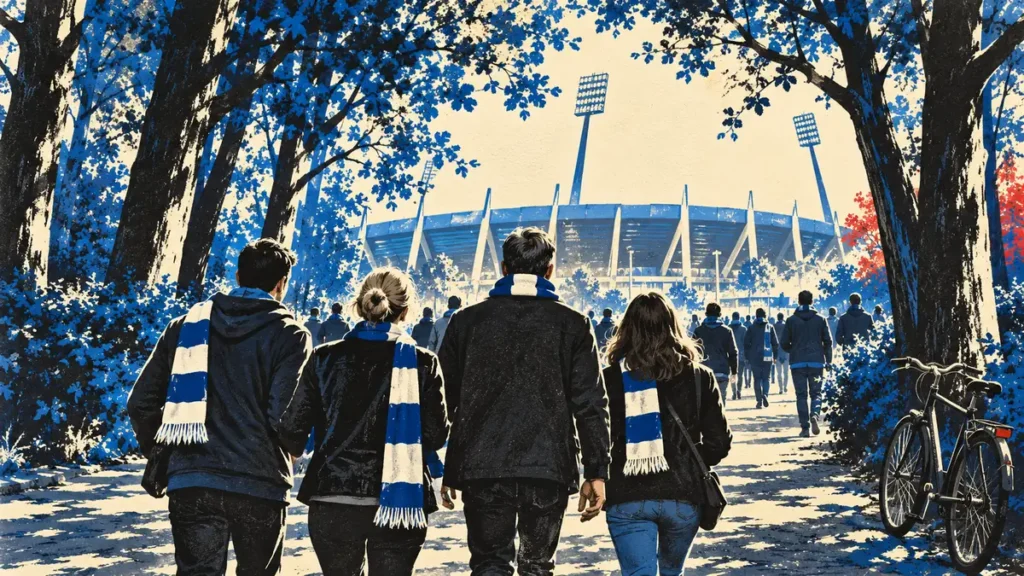 Symbolische Illustration: Fans mit blau-weißen Schals auf einem baumbestandenen Weg zum Stadion.